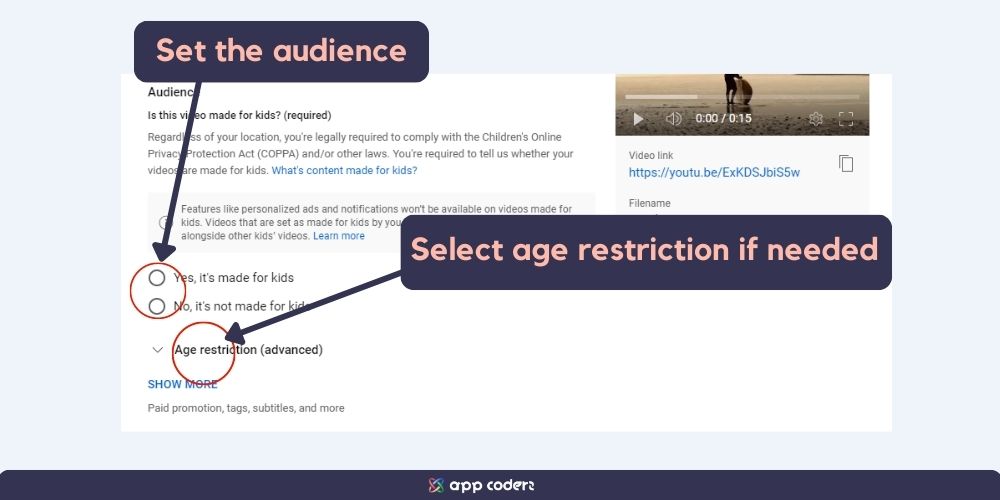 set the audience and select age restiction